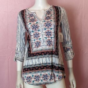Style and Co White and Blue Striped Mixed Print 3/4 Sleeve V Neck Blouse Size XS